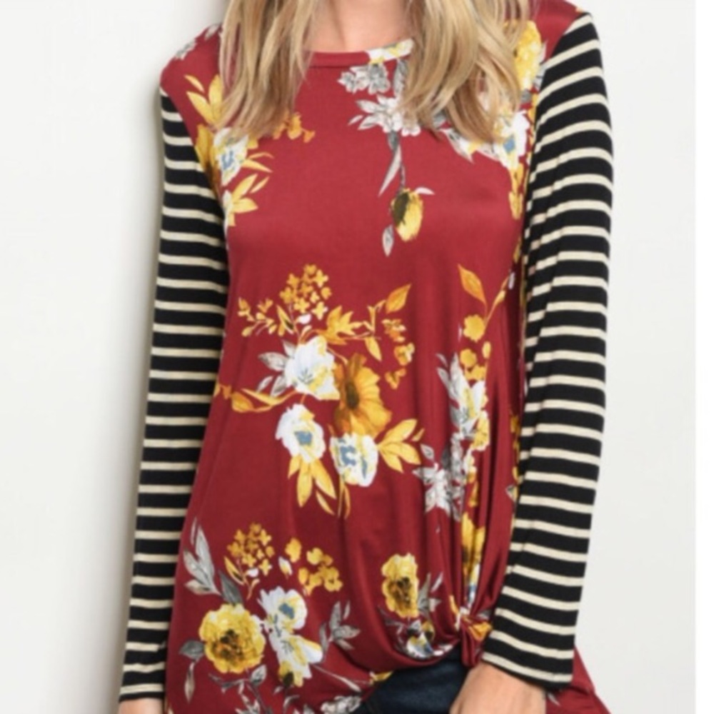 Burgundy Floral and Striped Print Top 🌸